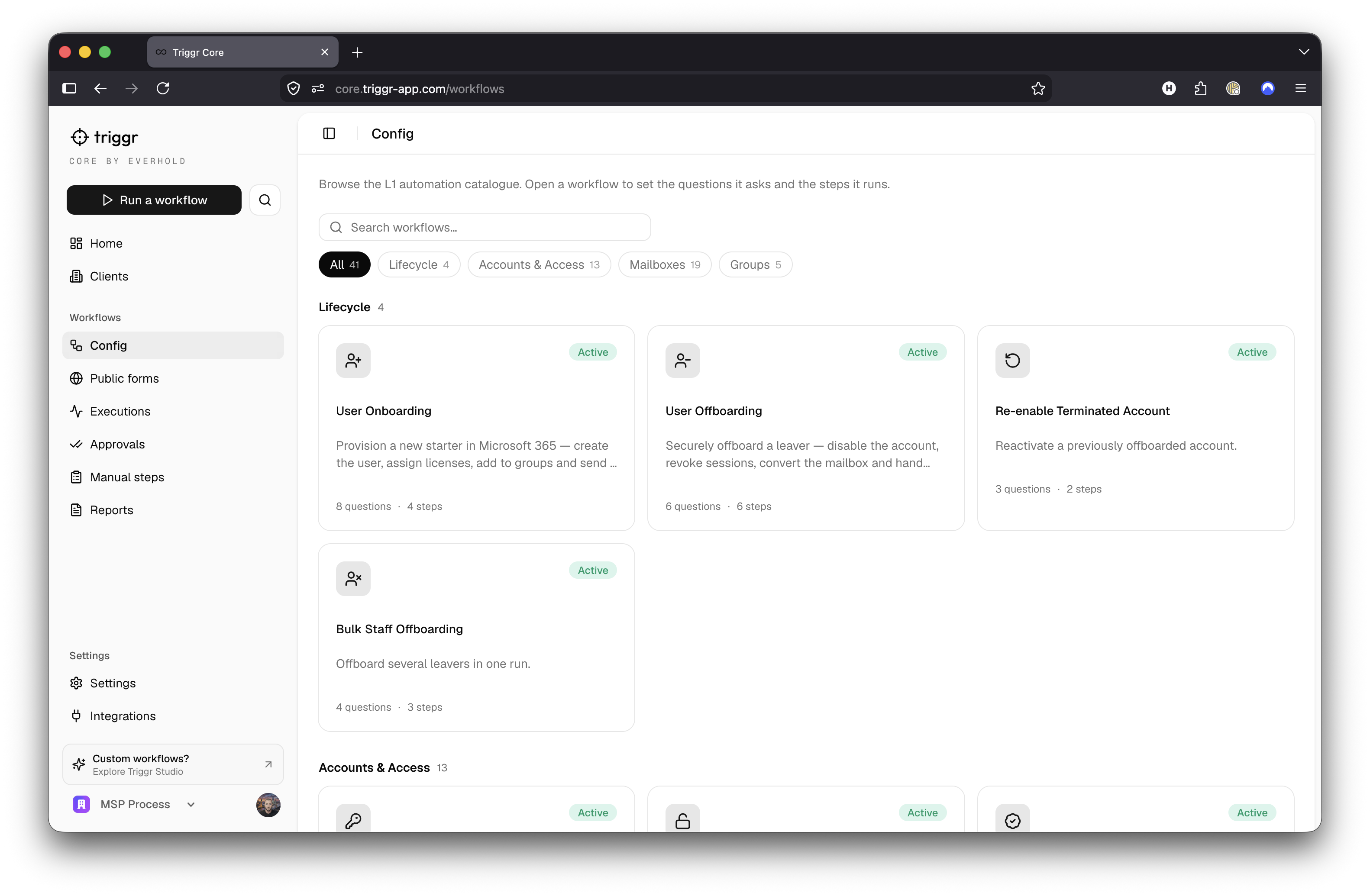 Core L1 automation catalogue with user onboarding, offboarding and account workflows.