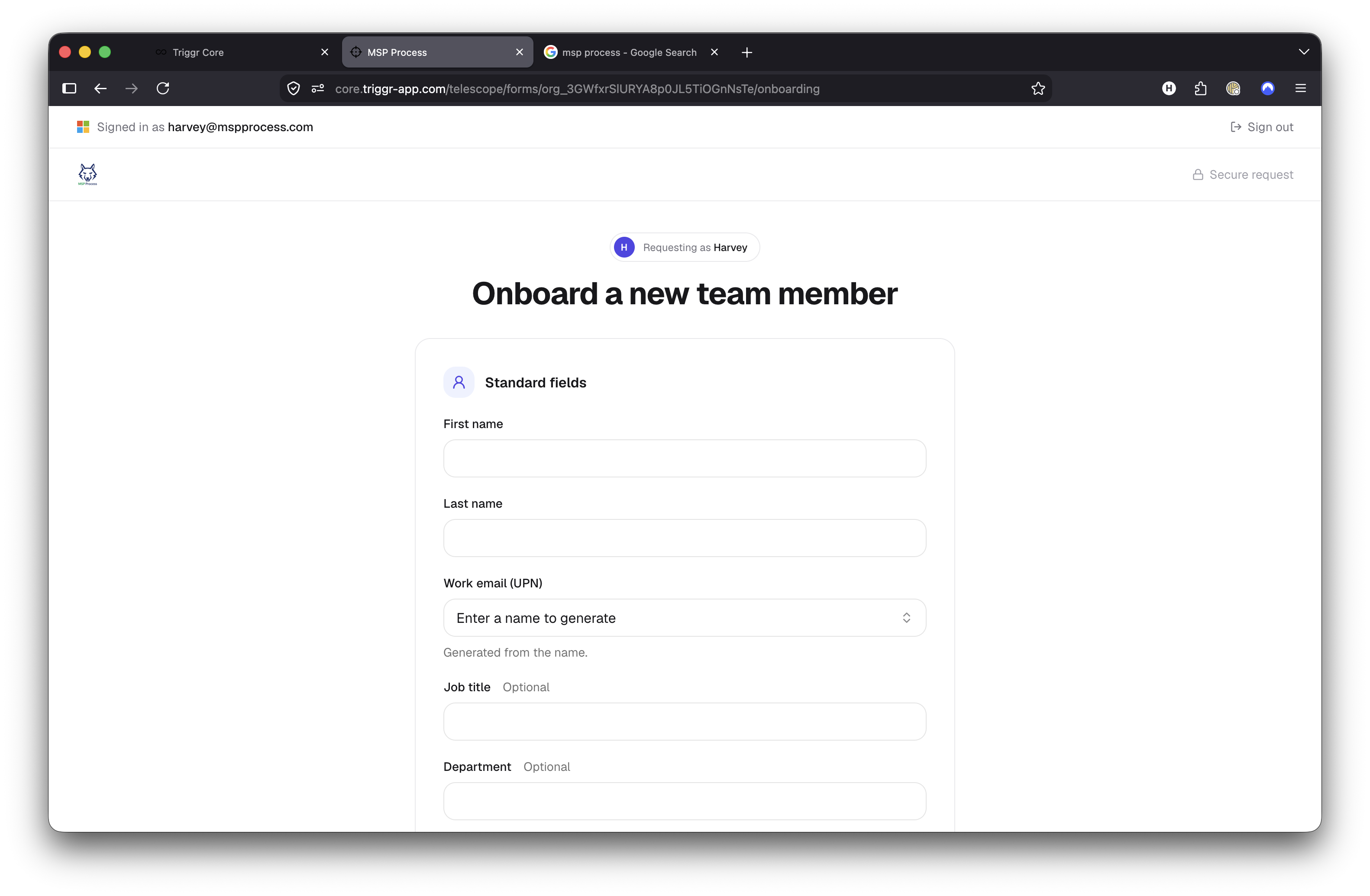 Core branded client onboarding form showing the signed-in requester.
