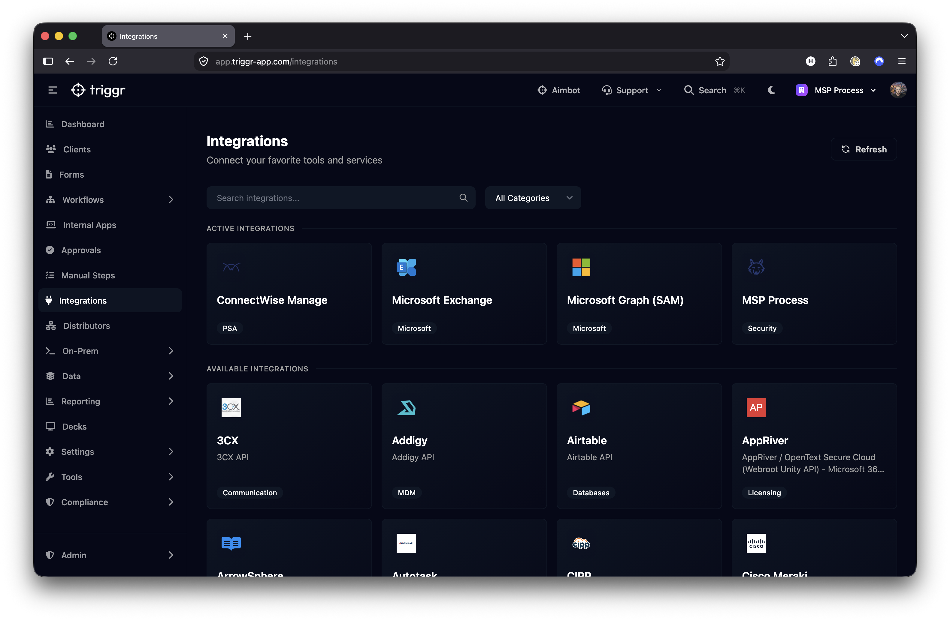 Studio integrations directory showing active connections and available software integrations.