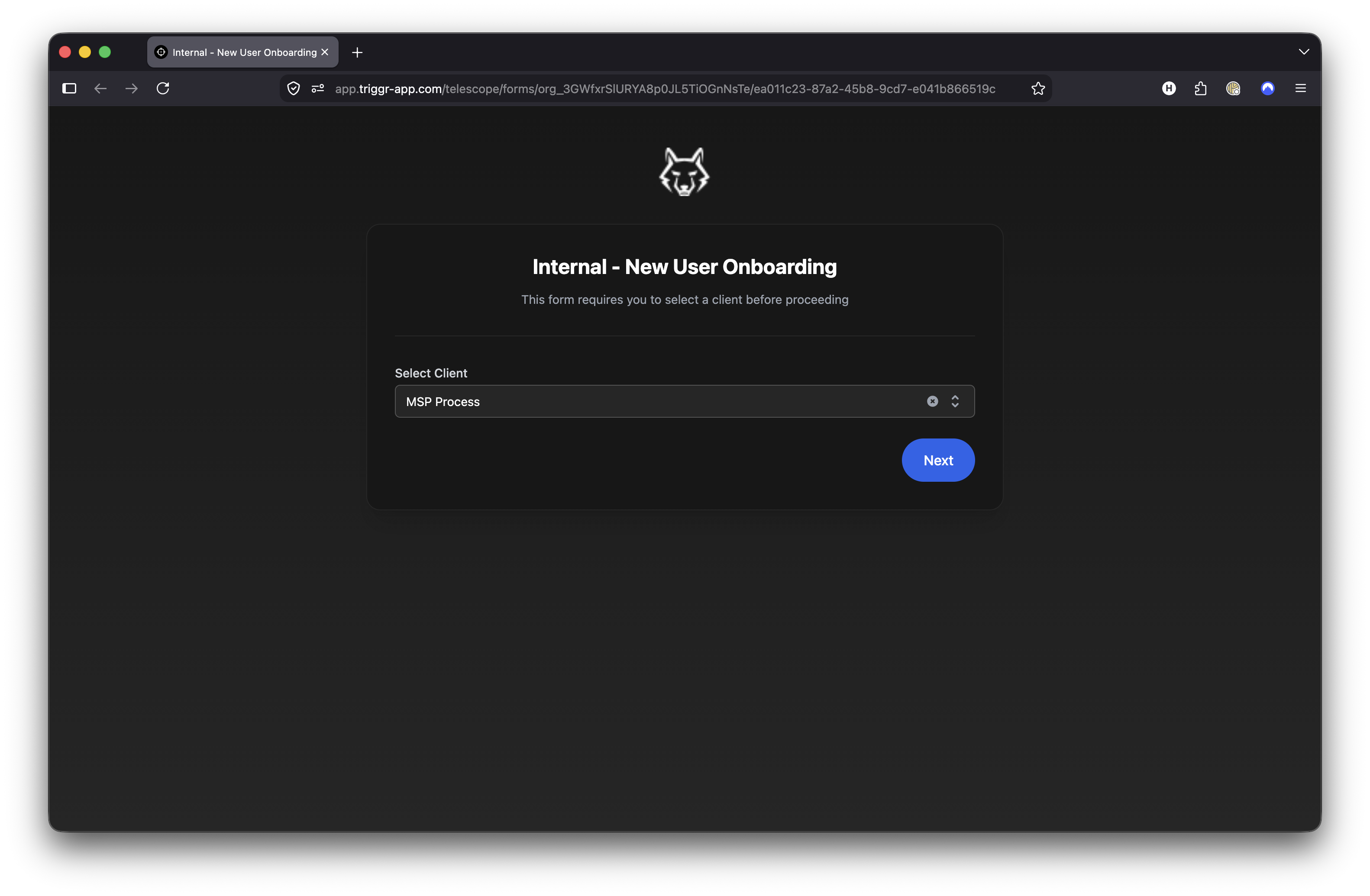 Studio internal form with a client selector before the technician proceeds.