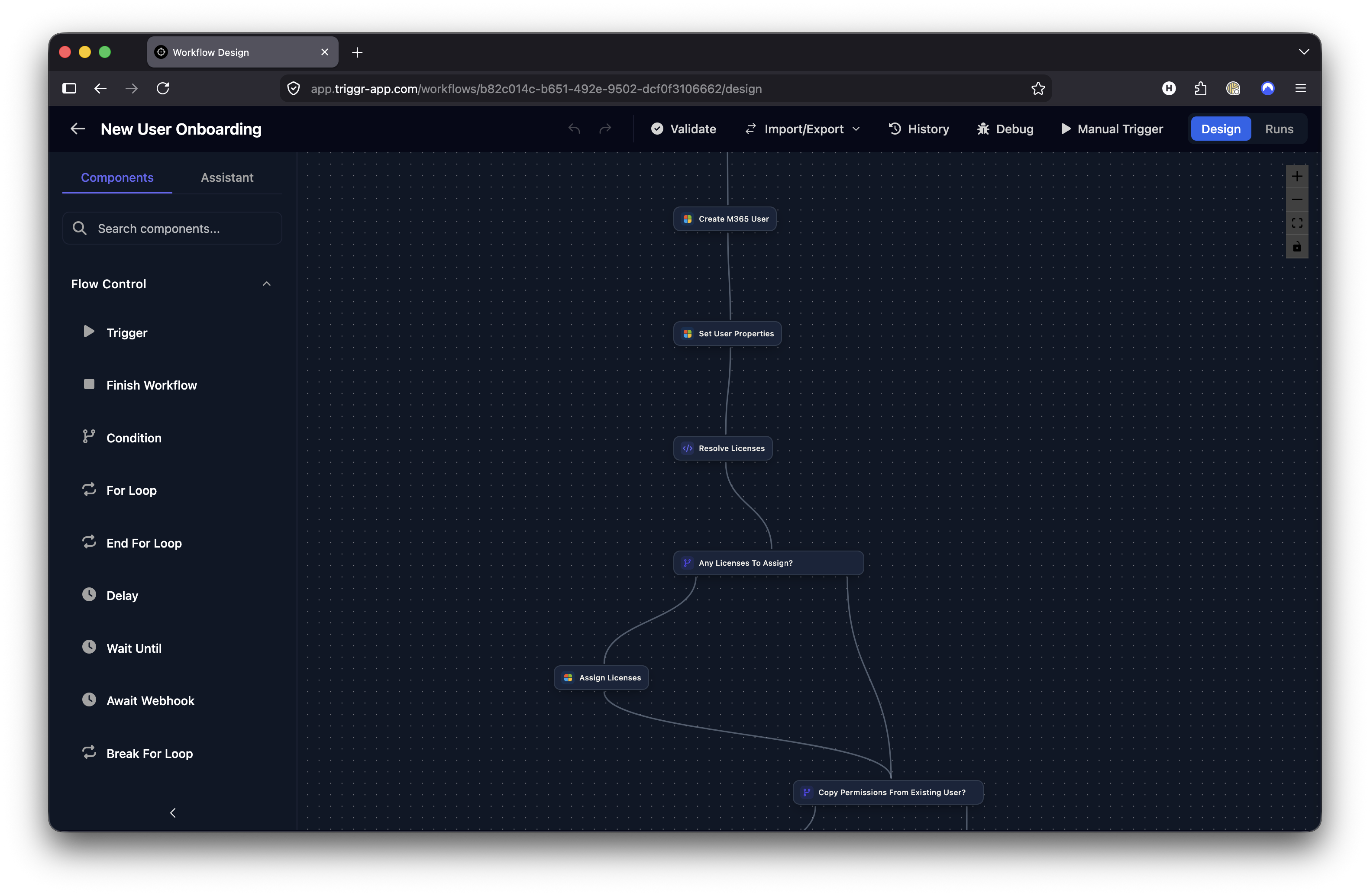 Studio workflow designer showing Microsoft 365 actions and conditional licence assignment.