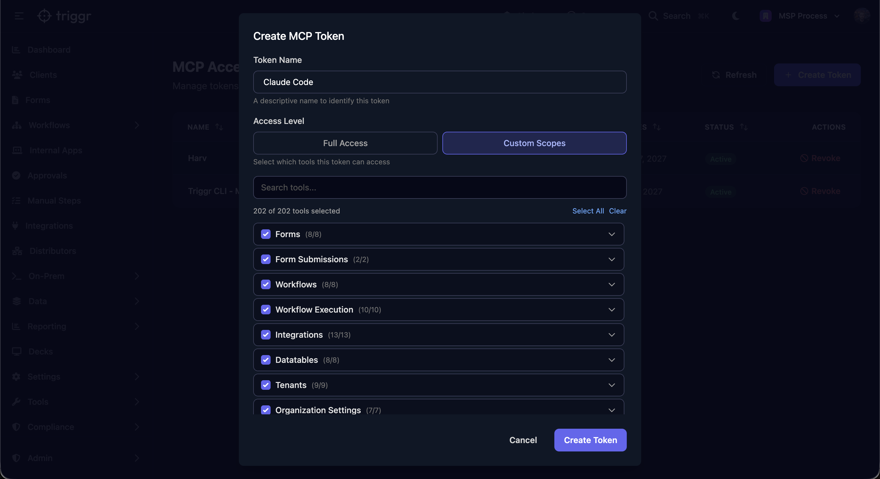 Triggr Studio Create MCP Token screen showing Full Access and Custom Scopes, with permissions for forms, workflows, execution and integrations.