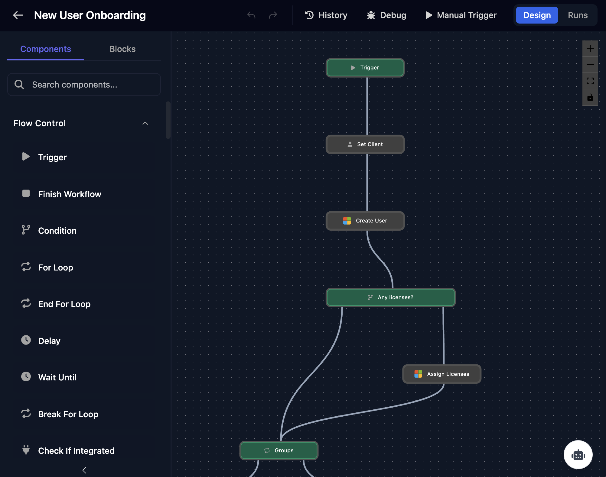 Triggr Studio workflow builder showing a new user onboarding workflow with client selection, user creation, licence conditions and groups.